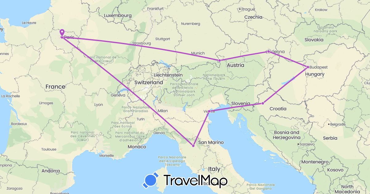 TravelMap itinerary: driving, train in Austria, France, Croatia, Hungary, Italy (Europe)